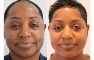 Before and after images showing the results of facial plastic surgery.