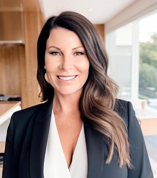 Smiling woman in professional attire at a modern plastic surgery center.