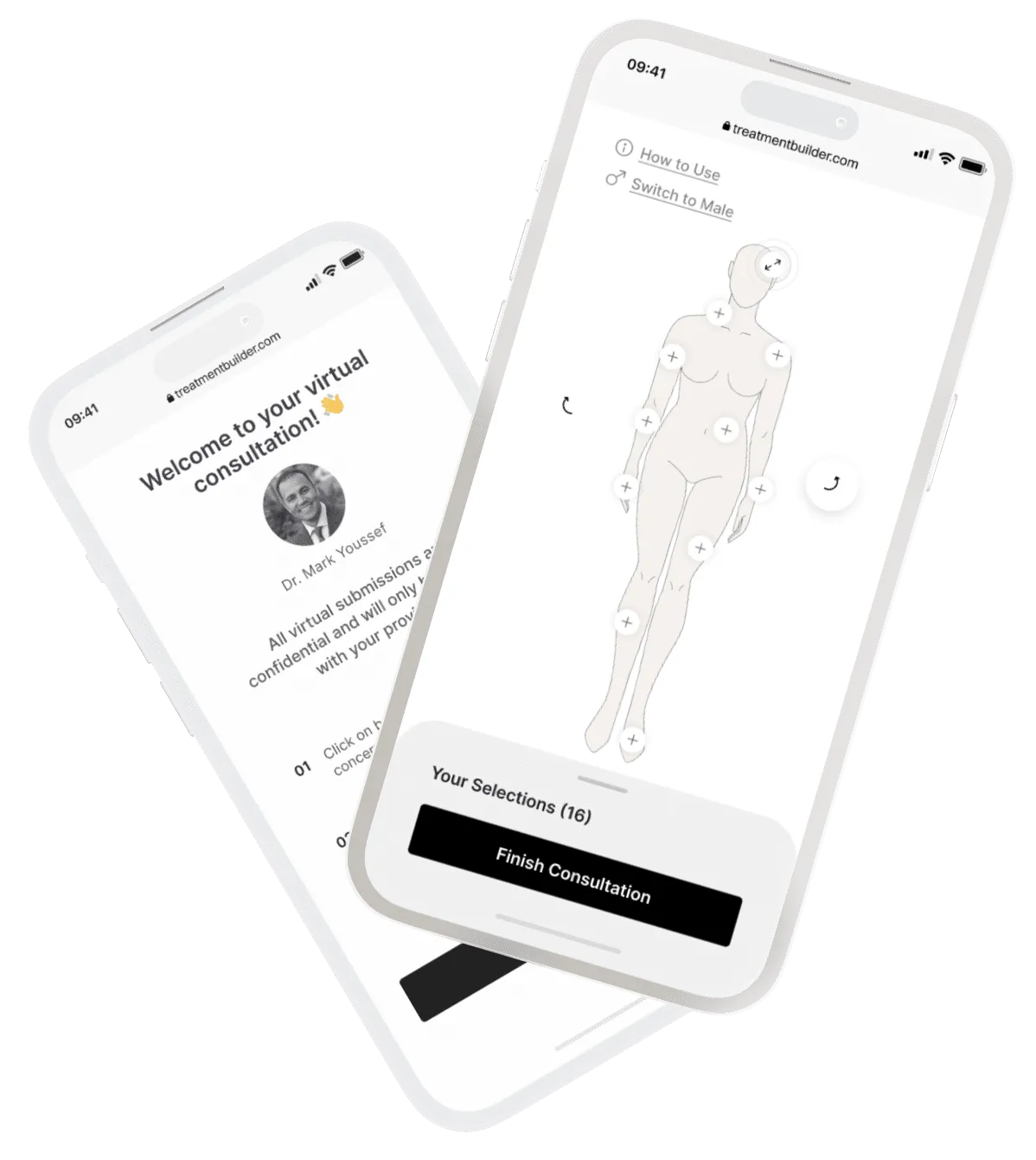 Virtual consultation interface on smartphone screens for plastic surgery options.