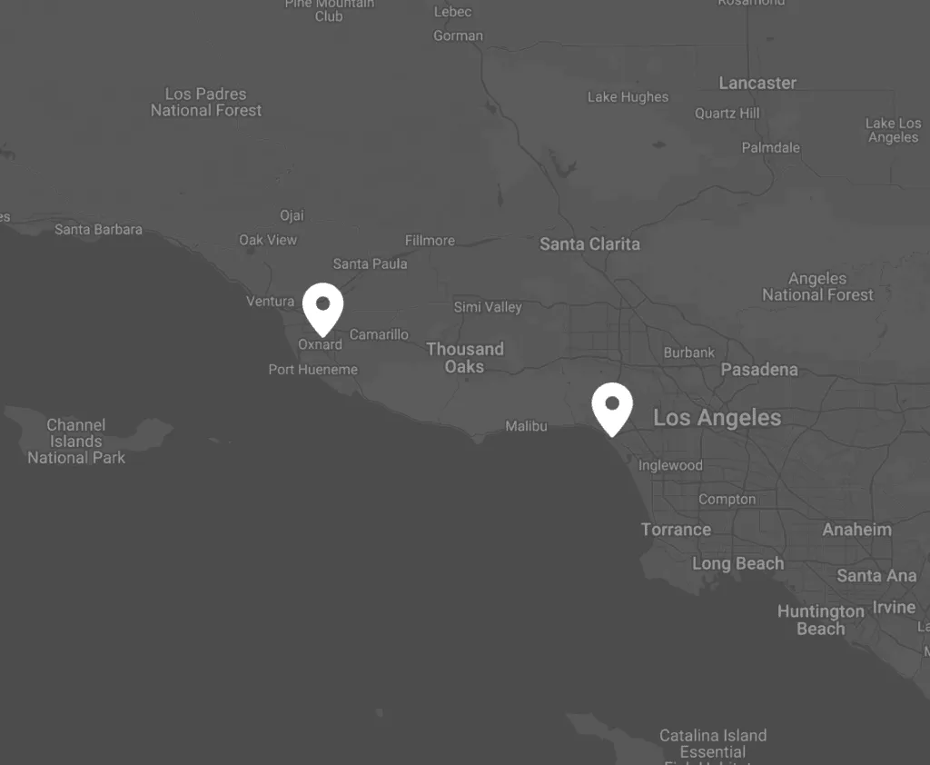 Map showing two plastic surgery center locations in Southern California, near Los Angeles and Ventura.