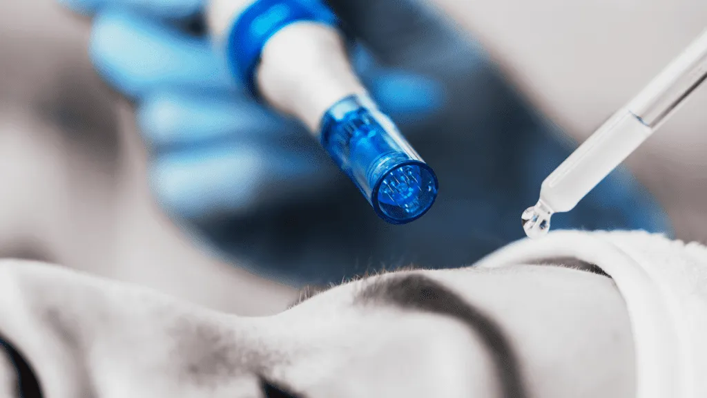 Extreme close-up of a microneedling pen treating skin, while a dropper applies platelet-rich plasma (PRP) serum during a Vampire Facial procedure.