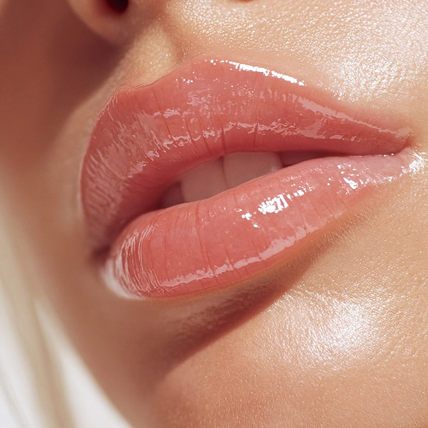 Doctor examining woman's face at plastic surgery consultation.
