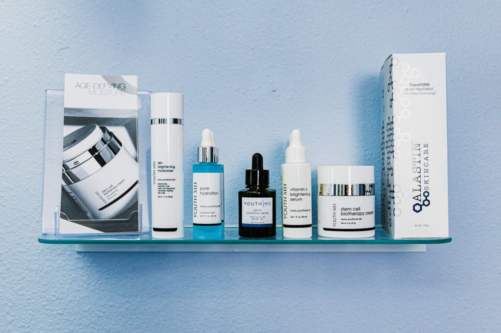 Skincare products on a shelf at a Plastic Surgery Center.