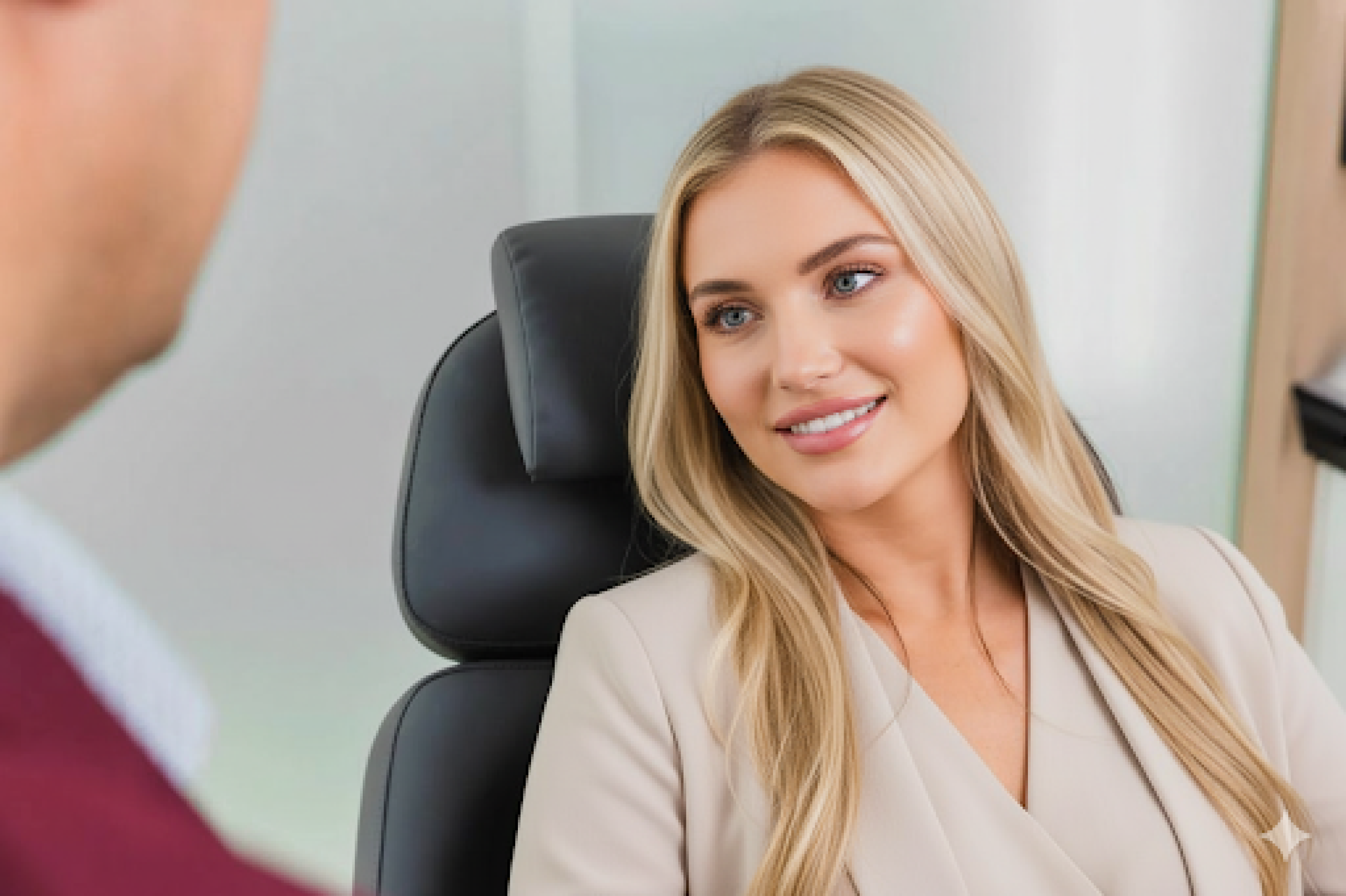 A smiling woman sits in a consultation chair at a plastic surgery center.