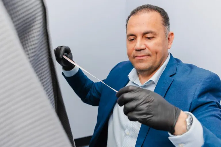 Plastic surgeon in blue suit measuring with tape in consultation room.