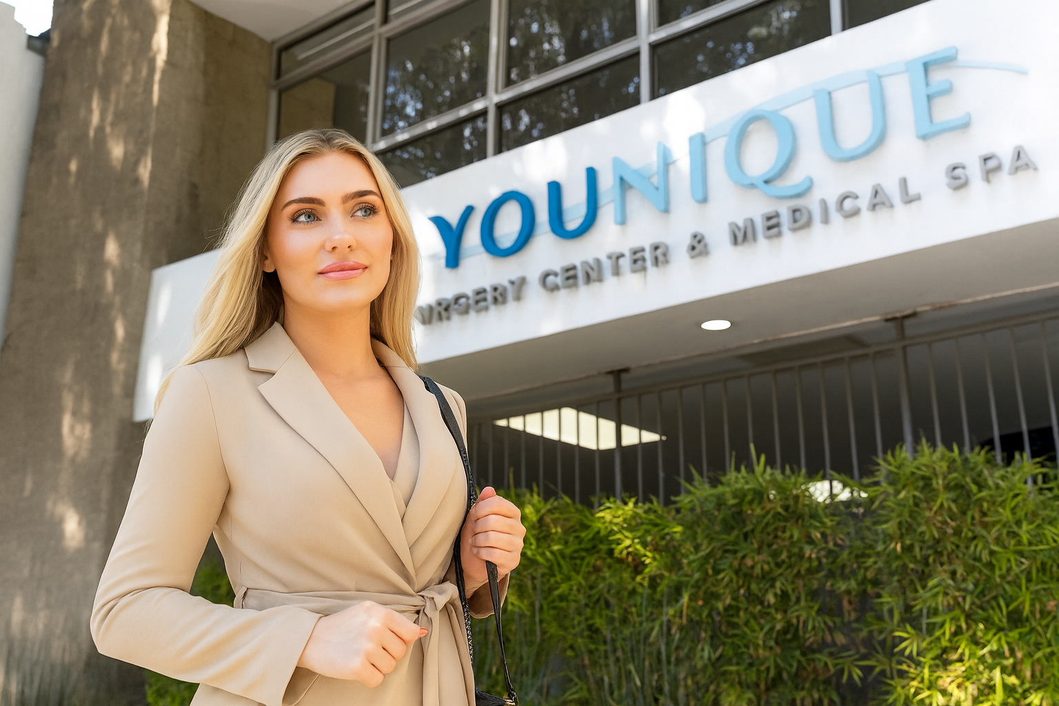 Businesswoman in a black suit standing confidently in front of a medical spa building.